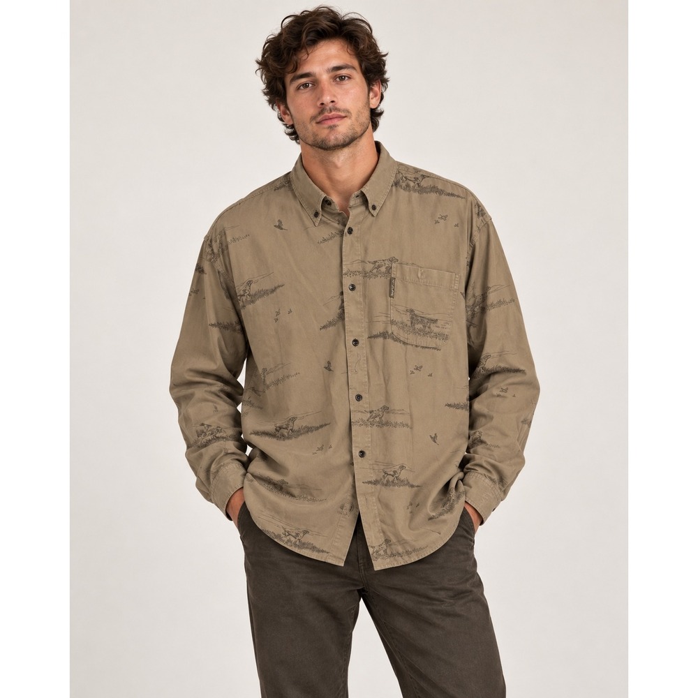 Columbia River Lodge Mens XXL Khaki Hunting Dog Bird Print Button Down Shirt